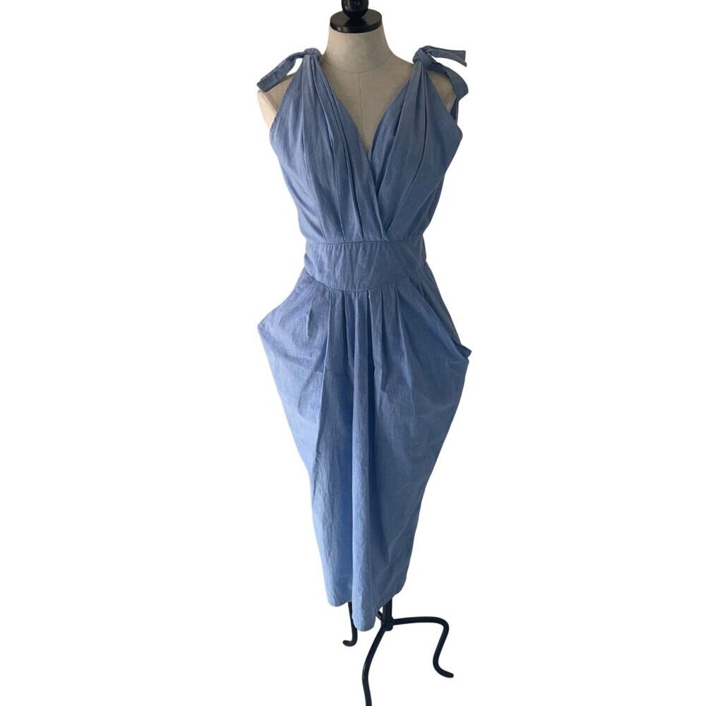 Vintage Womens Dress Size Medium Blue Open Back Tie Shoulder Chambray